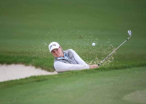 THE WOODLANDS, TX - APRIL 23: Ally Ewing (USA) hits a bunker shot on 2 during the final round of the LPGA, Golf Damen Chevron Championship on April 23, 2023 at The Club at Carlton Woods in The Woodlands, Texas. (Photo by Leslie Plaza Johnson Icon Sportswire) GOLF: APR 23 LPGA The Chevron Championship EDITORIAL USE ONLY Icon230423034
