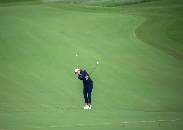 THE WOODLANDS, TX - APRIL 23: Albane Valenzuela (CHE) hits her approach shot on 2 during the final round of the LPGA, Golf Damen Chevron Championship on April 23, 2023 at The Club at Carlton Woods in The Woodlands, Texas. (Photo by Leslie Plaza Johnson Icon Sportswire) GOLF: APR 23 LPGA The Chevron Championship EDITORIAL USE ONLY Icon230423071