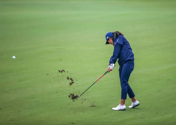 THE WOODLANDS, TX - APRIL 23: Celine Boutier (FRA) hits her approach shot on 9 during the final round of the LPGA, Golf Damen Chevron Championship on April 23, 2023 at The Club at Carlton Woods in The Woodlands, Texas. (Photo by Leslie Plaza Johnson Icon Sportswire) GOLF: APR 23 LPGA The Chevron Championship EDITORIAL USE ONLY Icon230423083