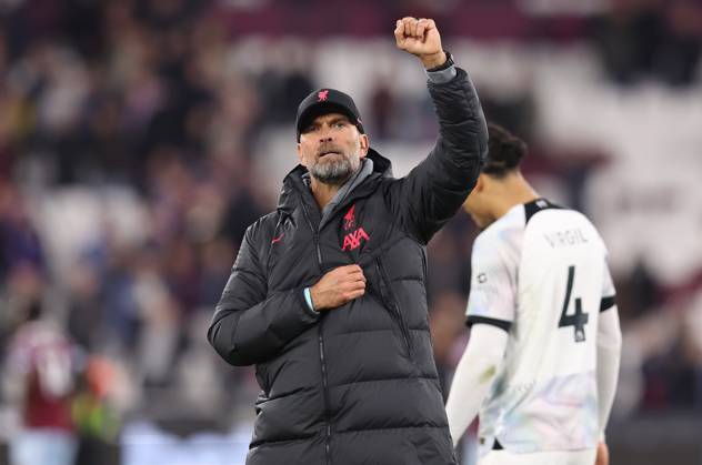 London, England, 26th April 2023. Jurgen Klopp, Manager of Liverpool celebrates after the Premier League match at the London Stadium, London. Picture credit should read: Paul Terry Sportimage EDITORIAL USE ONLY. No use with unauthorised audio, video, data, fixture lists, club league logos or live services. Online in-match use limited to 120 images, no video emulation. No use in betting, games or single club league player publications. SPI-2394-0025