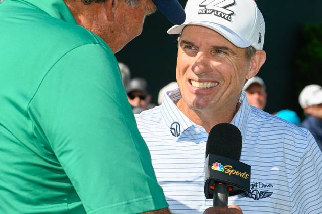 THE WOODLANDS, TX - APRIL 30: Steve Alker is interviewed after winning the Insperity Invitational at The Woodlands Country Club Tournament Course on April 30, 2023 in The Woodlands, Texas. (Photo by Ken Murray Icon Sportswire) GOLF: APR 30 PGA, Golf Herren Tour Champions Insperity Invitational EDITORIAL USE ONLY Icon230430083