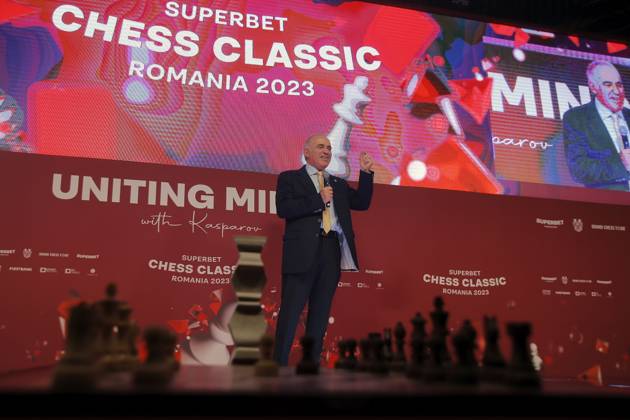 (230506) -- BUCHAREST, May 6, 2023 -- Former World Chess Champion Garry Kasparov speaks at the official opening ceremony of Grand Chess Tour 2023 in Bucharest, Romania, May 5, 2023. (Photos by Xinhua) (SP)ROMANIA-BUCHAREST-CHESS-GRAND TOUR CristianxCristel
