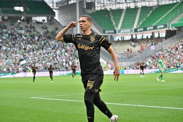 Joie de Amine El Ouazzani (guinpamg) FOOTBALL : AS Saint-Etienne vs EA Guingamp - Ligue 2 - 06 05 2023 FredericChambert Panoramic