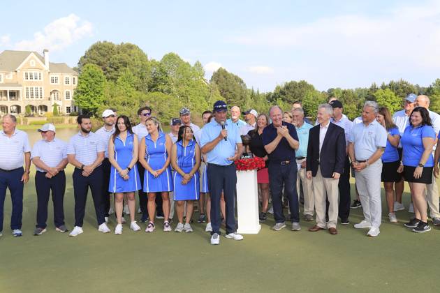 DULUTH, GA - MAY 07: Stephen Ames addresses the gallery after winning the PGA, Golf Herren Tour Champions Mitsubishi Electric Classic on May 7, 2023 at TPC Sugarloaf in Duluth, Georgia. (Photo by David J. Griffin Icon Sportswire) GOLF: MAY 07 PGA Tour Champions Mitsubishi Electric Classic EDITORIAL USE ONLY Icon9532305071143