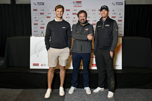 Belgian Thomas Detry, Michael Jones, Tournament Director of the Soudal Open and Belgian Nicolas Colsaerts pictured during a press conference, PK, Pressekonferenz regarding the 2023 Soudal Open DP World Tour golf tournament, in Schilde, Tuesday 09 May 2023. The 2023 Soudal Open taken place from 11 to 14 May at the Rinkven Golf Club in Schilde. DIRKxWAEM  x66979778x