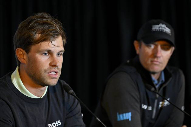 Belgian Thomas Detry and Belgian Nicolas Colsaerts pictured during a press conference, PK, Pressekonferenz regarding the 2023 Soudal Open DP World Tour golf tournament, in Schilde, Tuesday 09 May 2023. The 2023 Soudal Open taken place from 11 to 14 May at the Rinkven Golf Club in Schilde. DIRKxWAEM  x66980314x