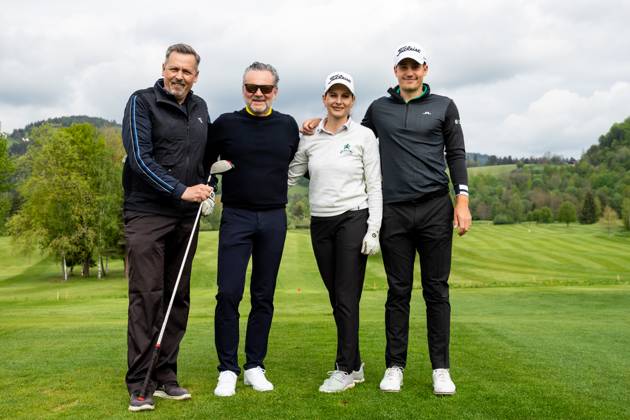 GOLF - Goesser Open 2023 MARIA LANKOWITZ,AUSTRIA,10.MAY.23 - GOLF - Alps Tour, Goesser Open ProAm, GC Erzherzog Johann. Image shows Reinhold Zoetsch, Gottfried Bichler, Klaudia Schwarz and Timon Baltl (AUT).  GEPAxpictures xMaticxKlansek