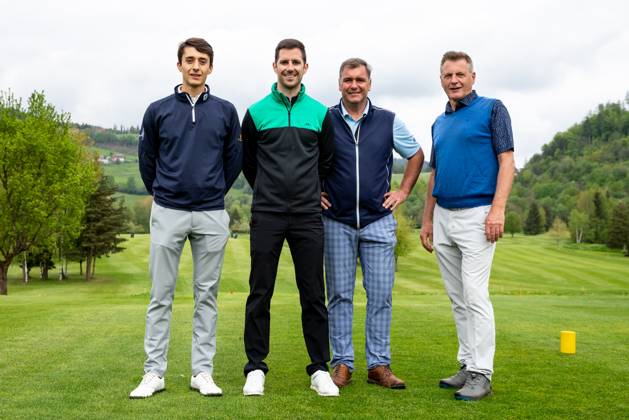 GOLF - Goesser Open 2023 MARIA LANKOWITZ,AUSTRIA,10.MAY.23 - GOLF - Alps Tour, Goesser Open ProAm, GC Erzherzog Johann. Image shows Jacopo Albertoni (ITA), Jakob Kalcher, Karl Schwarz and Markus Swete.  GEPAxpictures xMaticxKlansek