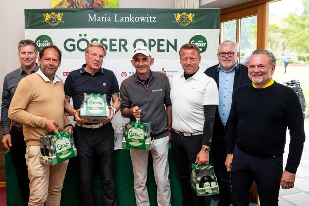GOLF - Goesser Open 2023 MARIA LANKOWITZ,AUSTRIA,10.MAY.23 - GOLF - Alps Tour, Goesser Open ProAm, GC Erzherzog Johann. Image shows Ernst Feidhtel (Murhof), Willibald Frauwallner, Gerald Paunger, Markus Brier (AUT), Stefan Jagerhofer, Sigurd Aulibauer (Goesser) and Gottfried Bichler (Antenne).  GEPAxpictures xMaticxKlansek