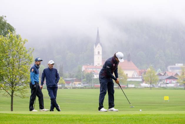 GOLF - Goesser Open 2023 MARIA LANKOWITZ,AUSTRIA,13.MAY.23 - GOLF - Alps Tour, Goesser Open, GC Erzherzog Johann. Image shows Quim Vidal (ESP), Markus Brier (AUT) and Niklas Regner (AUT).  GEPAxpictures xMaticxKlansek
