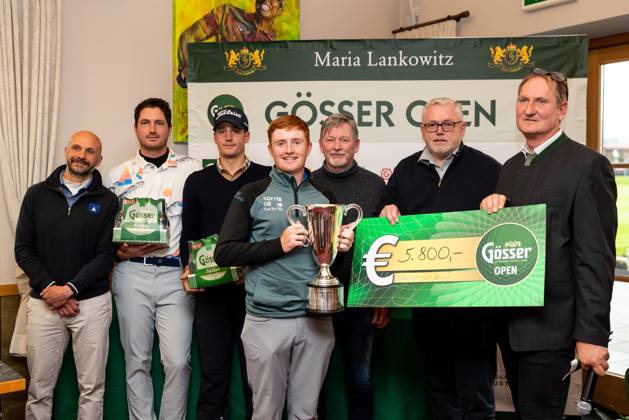 GOLF - Goesser Open 2023 MARIA LANKOWITZ,AUSTRIA,13.MAY.23 - GOLF - Alps Tour, Goesser Open, GC Erzherzog Johann, award ceremony. Image shows tournament director Alessandro Pia (Alps Tour Golf), Gianmaria Rean Trinchero (ITA), Timon Baltl (AUT), Ronan Mullarney (IRL), president Gerald Lassnik (GC Erzherzog Johann), Sigurd Aulibauer (Goesser), Klaus Geyrhofer (Murhof). Keywords: trophy.  GEPAxpictures xMaticxKlansek