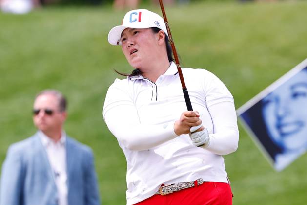 CLIFTON, NJ - MAY 13: Angel Yin of the United States tees off on the 1st tee during the third round of the LPGA, Golf Damen Cognizant Founders Cup at Upper Montclair Country Club on May 13, 2023 in Clifton, New Jersey. (Photo by Rich Graessle Icon Sportswire) GOLF: MAY 13 LPGA Cognizant Founders Cup EDITORIAL USE ONLY Icon23051315530