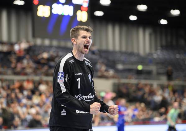 Cheering goalkeeper Christopher RUDECK BHC Handball 1 Bundesliga, 30 Matchday, Bergischer HC BHC Fuechse Berlin B , on 14 05 2023 in Duesseldorf Germany ÃÂ