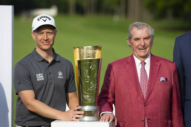 Swedish Simon Forsstrom pictured with Soudal chairman Vic Swerts after winning the Soudal Open golf tournament in Schilde, Sunday 14 May 2023. KRISTOFxVANxACCOM  x67286661x