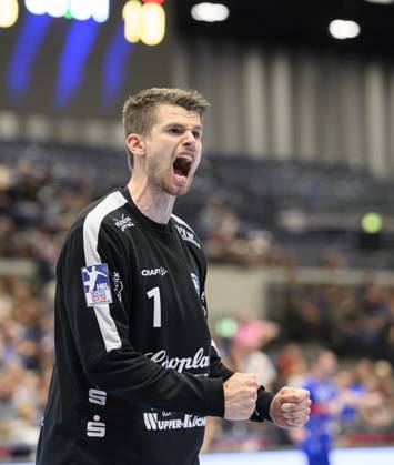 Cheering goalkeeper Christopher RUDECK BHC Handball 1 Bundesliga, 30 match day, Bergischer HC BHC Fuechse Berlin B 34 30, on 14 05 2023 in Duesseldorf Germany ÃÂ