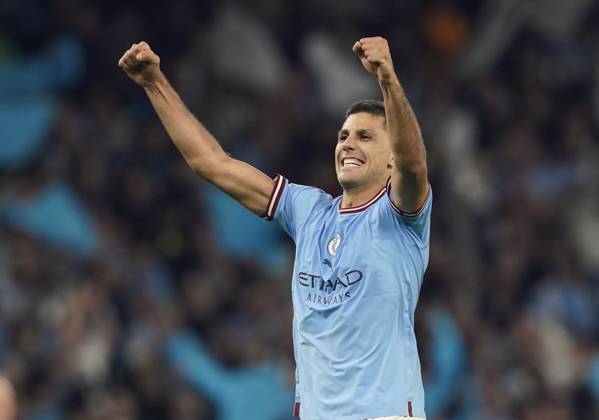 Manchester, England, 17th May 2023. Rodri of Manchester City celebrates during the UEFA Champions League match at the Etihad Stadium, Manchester. Picture credit should read: Andrew Yates Sportimage EDITORIAL USE ONLY. No use with unauthorised audio, video, data, fixture lists, club league logos or live services. Online in-match use limited to 120 images, no video emulation. No use in betting, games or single club league player publications. SPI-2446-0146