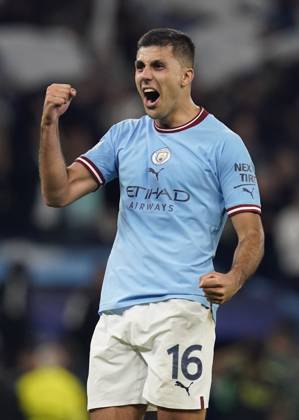 Manchester, England, 17th May 2023. Rodri of Manchester City celebrates during the UEFA Champions League match at the Etihad Stadium, Manchester. Picture credit should read: Andrew Yates Sportimage EDITORIAL USE ONLY. No use with unauthorised audio, video, data, fixture lists, club league logos or live services. Online in-match use limited to 120 images, no video emulation. No use in betting, games or single club league player publications. SPI-2446-0147