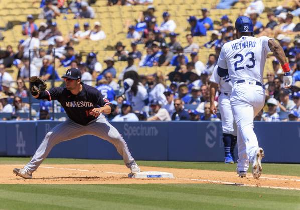 May 17, 2023, Los Angeles, California, USA: Jason Hayward 23 of the Los Angeles Dodgers is out on first base by Alex Kirilloff 19 of the Minnesota Twins during their regular season MLB, Baseball Herren, USA game on Wednesday May 17, 2023 at Dodger Stadium in Los Angeles, California. Dodgers defeat Twins, 7-3. PI Los Angeles USA - ZUMAp124 20230517_zaa_p124_100 Copyright: xJAVIERxROJASx