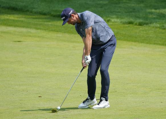 Keegan Bradley hits his second shot on the 9th fairway during the final round of the 2023 PGA, Golf Herren Championship at Oak Hill Country Club in Rochester, New York on Sunday, May 21, 2023.  ROC20230521511 AARONxJOSEFCZYK
