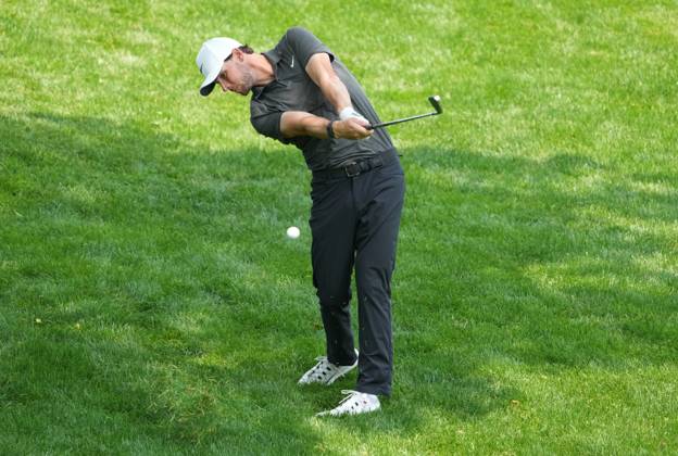 Thomas Pieters of Germany hits his second shot on the 9th hole during the final round of the 2023 PGA, Golf Herren Championship at Oak Hill Country Club in Rochester, New York on Sunday, May 21, 2023.  ROC20230521516 AARONxJOSEFCZYK