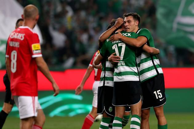 May 21, 2023, Lisbon, Portugal: Francisco Trincao of Sporting CP (17) celebrates with Manuel Ugarte (R ) after scoring a goal during the Portuguese League football match between Sporting CP and SL Benfica at Jose Alvalade stadium in Lisbon, Portugal on May 21, 2023. Lisbon Portugal - ZUMAf123 20230521_zap_f123_006 Copyright: xPedroxFiuzax