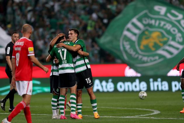 May 21, 2023, Lisbon, Portugal: Francisco Trincao of Sporting CP (17) celebrates with Manuel Ugarte (R ) after scoring a goal during the Portuguese League football match between Sporting CP and SL Benfica at Jose Alvalade stadium in Lisbon, Portugal on May 21, 2023. Lisbon Portugal - ZUMAf123 20230521_zap_f123_007 Copyright: xPedroxFiuzax