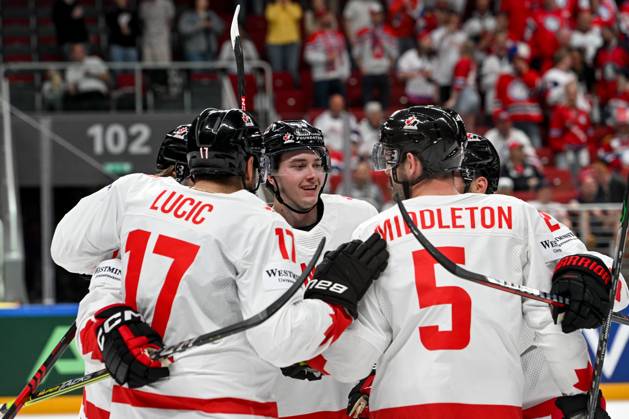 RIGA, LATVIA MAY 22 Milan Lucic of Canada celebrate after scoring a goal during the 2023 IIHF Ice Hockey World Championship Finland Latvia game between Canada and Norway at Arena Riga on May 22, 2023 in Riga, Latvia Riga Arena Riga Latvia  Copyright: xJustPictures.ch AndreaxBrancax