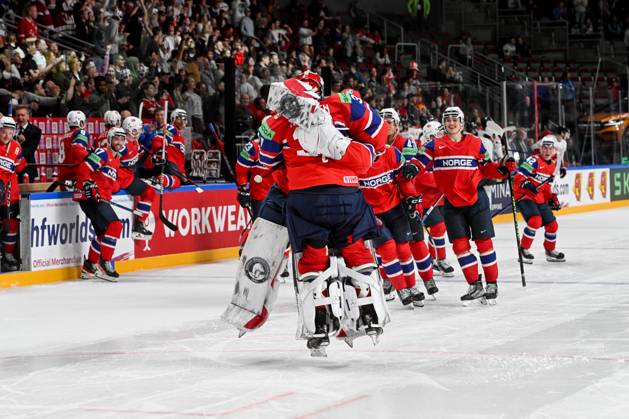 RIGA, LATVIA MAY 22 goalkeeper Jonas Arntzen of Norway celebrate the victory during the 2023 IIHF Ice Hockey World Championship Finland Latvia game between Canada and Norway at Arena Riga on May 22, 2023 in Riga, Latvia Riga Arena Riga Latvia  Copyright: xJustPictures.ch AndreaxBrancax