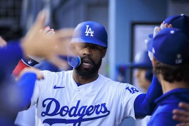 May 30, 2023, Los Angeles, California, USA: Jason Hayward 23 of the Los Angeles Dodgers is congratulated after hitting a solo home run in the second inning during their MLB, Baseball Herren, USA regular season game against the Washington Nationals on Tuesday May 30, 2023 at Dodger Stadium in Los Angeles, California. Dodgers beat Nationals, 9-3. PI Los Angeles USA - ZUMAp124 20230530_zaa_p124_039 Copyright: xJAVIERxROJASx