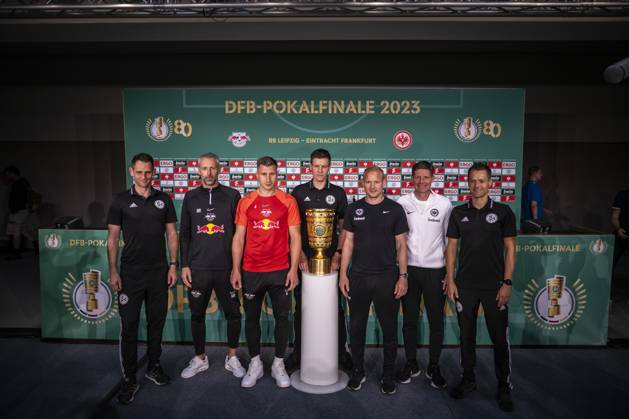 02 06 2023, xkvx, Football DFB Cup Final 2023, RB Leipzig Eintracht Frankfurt, training and press conference emspor, f l Fourth official Rafael Foltyn, coach Marco Rose RB Leipzig RasenBallsport Leipzig , Willi Orban RB Leipzig RasenBallsport Leipzig , Referee Daniel Siebert, Sebastian Rode Eintracht Frankfurt , Coach Oilver Glasner Eintracht Frankfurt , Fourth official Jan Seidel DFL DFB REGULATIONS PROHIBIT ANY USE OF PHOTOGRAPHS as IMAGE SEQUENCES and or QUASI VIDEO Berlin
