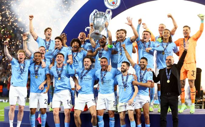 Mandatory Credit: Photo by Kieran McManus Shutterstock (13949252dx) Manchester City players celebrate winning the Champions League as they lift the trophy. Manchester City v Inter Milan, UEFA Champions League, Final, Football, Ataturk Stadium, Istanbul, Turkey - 10 Jun 2023 EDITORIAL USE ONLY No use with unauthorised audio, video, data, fixture lists, club league logos or live services. Online in-match use limited to 120 images, no video emulation. No use in betting, games or single club league player publications. Manchester City v Inter Milan, UEFA Champions League, Final, Football, Ataturk Stadium, Istanbul, Turkey - 10 Jun 2023 EDITORIAL USE ONLY No use with unauthorised audio, video, data, fixture lists, club league logos or live services. Online in-match use limited to 120 images, no video emulation. No use in betting, games or single club league player publications. Copyright: xKieranxMcManus Shutterstockx 13949252dx