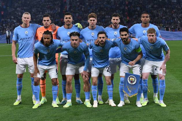 Soccer Champions League Final Manchester City Inter Milan on 10 06 2023 at Ataturk Olympic Stadium in Istanbul team photo team photo Manchester City back row f l n r Erling Haaland Manchester Ederson Manchester Rodri Manchester John Stones Manchester Ruben Dias Manchester Manuel Akanji Manchester front row f l n r Nathan Ake Manchester Jack Grealish Manchester Bernardo Silva Manchester Ilkay Gündogan Manchester Kevin De Bruyne Manchester xHDx