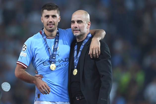 Soccer Champions League final Manchester City Inter Milan on 10 06 2023 at Ataturk Olympic Stadium in Istanbul Rodri Manchester , left Josep Pep Guardiola coach head coach Manchester , right xHDx