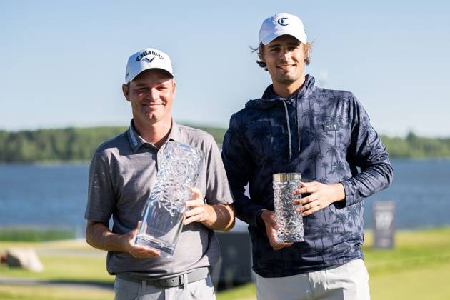 230611 Hugo Townsend of Sweden and Dale Whitnell of England pose for a picture with the trophy at the award ceremony after the fourth round of the Scandinavian Mixed golf tournament on June 11, 2023 in Akersberga Photo Emma Wallskog BILDBYRAN COP 320 EW0211 golf scandinavian mixed day 4 bbeng  Copyright: EMMAxWALLSKOG BB230611EW050