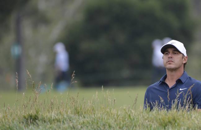 Brooks Koepka lines up a shot out of a bunker on the 12th hole during the second round of the 2023 U.S. Open Golf Championship at the Los Angeles Country Club in Los Angeles, California on Friday, June 16, 2023.  LAP20230616925 MIKExGOULDING
