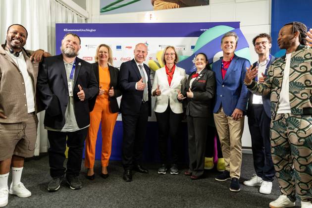 June 16, 2023, Berlin, Germany: (L-R) Yosef Wolde-Mariam, Madcon, Mark Solomeyer, Vice President and Athlete Spokesperson Special Olympics Germany, Nancy Faeser, Federal Minister of the Interior and Home Affairs of Germany, Kai Wegner, Governing Mayor of Berlin, Christiane Krajewski, President Special Olympics Germany, Renee Manfredi SO Athlete and.Sargent Shriver International Global Messenger, Timothy Shriver, Chairman Special Olympics International, Sven Albrecht, CEO of the Organizing Committee for the Special Olympics World Games 2023 Berlin and Tshawe Baqwa, Madcon artists, authors of Berlin 2023 Games anthem attend the opening press conference, PK, Pressekonferenz in Messe Berlin conference centre. The Special Olympics Summer World Games start on June 17 in Berlin. The 2023 Berlin Games will host 7000 athletes with learning disabilities from 190 countries. It is the biggest sporting event of 2023. Berlin Germany - ZUMAs197 20230616_zaa_s197_176 Copyright: xDominikaxZarzyckax