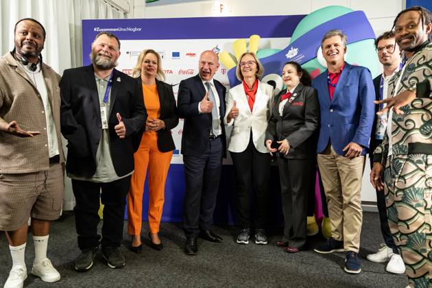 June 16, 2023, Berlin, Germany: (L-R) Yosef Wolde-Mariam, Madcon, Mark Solomeyer, Vice President and Athlete Spokesperson Special Olympics Germany, Nancy Faeser, Federal Minister of the Interior and Home Affairs of Germany, Kai Wegner, Governing Mayor of Berlin, Christiane Krajewski, President Special Olympics Germany, Renee Manfredi SO Athlete and.Sargent Shriver International Global Messenger, Timothy Shriver, Chairman Special Olympics International, Sven Albrecht, CEO of the Organizing Committee for the Special Olympics World Games 2023 Berlin and Tshawe Baqwa, Madcon artists, authors of Berlin 2023 Games anthem attend the opening press conference, PK, Pressekonferenz in Messe Berlin conference centre. The Special Olympics Summer World Games start on June 17 in Berlin. The 2023 Berlin Games will host 7000 athletes with learning disabilities from 190 countries. It is the biggest sporting event of 2023. Berlin Germany - ZUMAs197 20230616_zaa_s197_177 Copyright: xDominikaxZarzyckax