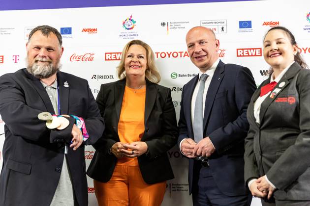 Sport Bilder des Tages June 16, 2023, Berlin, Germany: Mark Solomeyer, Vice President and Athlete Spokesperson Special Olympics Germany, Nancy Faeser, Federal Minister of the Interior and Home Affairs of Germany, Kai Wegner, Governing Mayor of Berlin, Renee Manfredi SO Athlete and.Sargent Shriver International Global Messenger attend the opening press conference, PK, Pressekonferenz in Messe Berlin conference centre. The Special Olympics Summer World Games start on June 17 in Berlin. The 2023 Berlin Games will host 7000 athletes with learning disabilities from 190 countries. It is the biggest sporting event of 2023. Berlin Germany - ZUMAs197 20230616_zaa_s197_178 Copyright: xDominikaxZarzyckax
