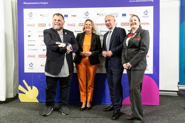 June 16, 2023, Berlin, Germany: Mark Solomeyer, Vice President and Athlete Spokesperson Special Olympics Germany, Nancy Faeser, Federal Minister of the Interior and Home Affairs of Germany, Kai Wegner, Governing Mayor of Berlin, Renee Manfredi SO Athlete and.Sargent Shriver International Global Messenger attend the opening press conference, PK, Pressekonferenz in Messe Berlin conference centre. The Special Olympics Summer World Games start on June 17 in Berlin. The 2023 Berlin Games will host 7000 athletes with learning disabilities from 190 countries. It is the biggest sporting event of 2023. Berlin Germany - ZUMAs197 20230616_zaa_s197_179 Copyright: xDominikaxZarzyckax