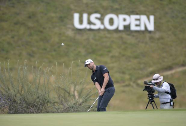 Wyndham Clark hits his second shot on the 7th hole during the second round of the 2023 U.S. Open Golf Championship at the Los Angeles Country Club in Los Angeles, California on Friday, June 16, 2023.  LAP20230616945 MIKExGOULDING