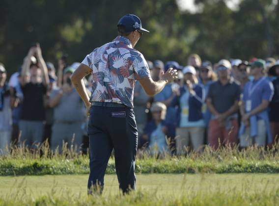 Rickie Fowler reacts after sinking a birdie putt on the 15th hole during the second round of the 2023 U.S. Open Golf Championship at the Los Angeles Country Club in Los Angeles, California on Friday, June 16, 2023. Fowler shot 62 in the first round and leads the championship with a 10-under-par score of 130.  LAP20230616959 MIKExGOULDING