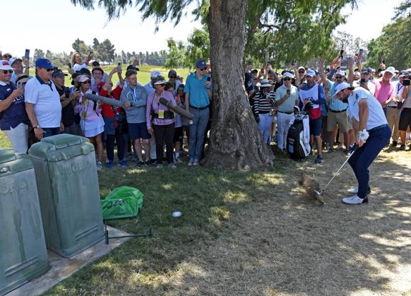 Cameron Young hits from spot where dropped the ball of the 10th fairway during the third round for the 2023 U.S. Open at the Los Angeles Country Club in Los Angeles on Saturday June 17, 2023.  LAP2023061703 MIKExGOULDING