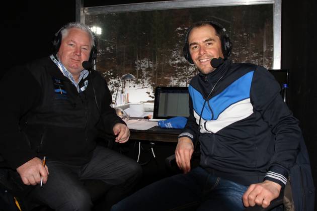 IBU Biathlon Massenstart Herren 15 km Die Biathlon-Experten: v.li. Sigi Heinrich (Biathlon-Live-Reporter Eurosport, Sportreporter) und Michael Greis (ehemaliger Biathlet, Olympiasieger, TV-Experte Eurosport) beim IBU Biathlon Massenstart Herren 15 km (License=RM) 11623025 Copyright: xZoonar.com JoachimxHahnex 11623025