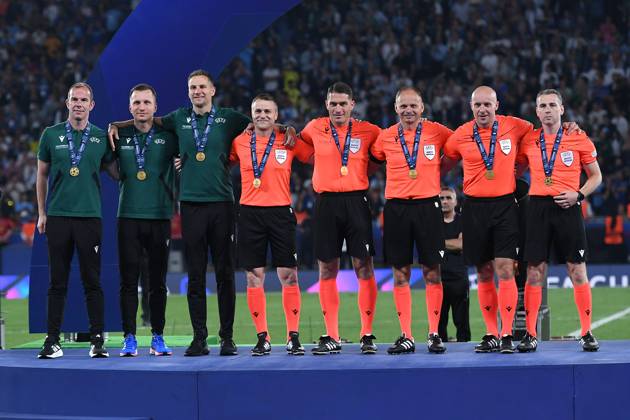 Soccer Champions League Final Manchester City Inter Milan on 10 06 2023 in Atatürk Olympic Stadium in Istanbul Referees V l n r Marco Fritz, Bartosz Frankowski, Tomasz Kwiatkowski, Vasile Marinescu, Istvan Kovacs, Pawel Sokolnicki, Szymon Marciniak, Tomasz Listkiewicz xHDJPGx