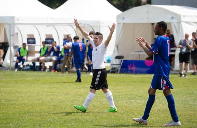 Special Olympics 2023 day 2 , soccer on the Maifeld, Germany vs USA men , in picture Flavio Roma Germany cheers after goal to 1 0, 18 06 2023, Copyright: xSebastianxRäppold MatthiasxKochx