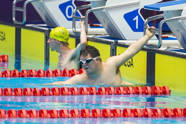 SPECIAL OLYMPICS - World Summer Games 2023 BERLIN,GERMANY,18.JUN.23 - SPECIAL OLYMPICS - World Summer Games 2023, swimming. Image shows Stefan Straus (AUT) on the right.  GEPAxpictures xGintarexKarpaviciute