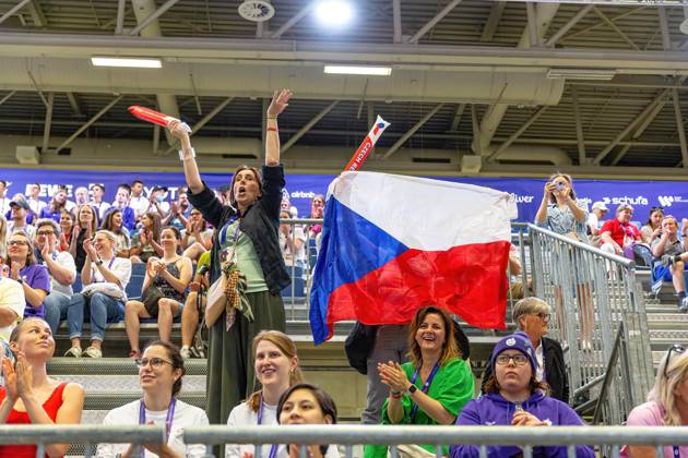June 18, 2023, Berlin, Germany: Supporters with Czech Republic flag cheer during Rhythmic gymnastics, Rhythmische Sportgymnastik, RSG competition during the Special Olympics Summer World Games Berlin 2023 in Messe conference centre. The 2023 Berlin Games will host 7000 athletes with learning disabilities from 190 countries. Special Olympics is an international charity which aims to include individuals with learning disabilities into the realm of olympic sports. Berlin 2023 is the biggest sporting as well as charitable event of 2023. Berlin Germany - ZUMAs197 20230618_zaa_s197_123 Copyright: xDominikaxZarzyckax