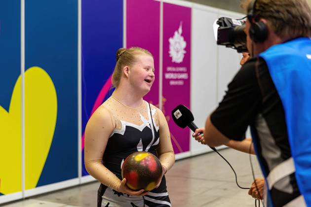 June 18, 2023, Berlin, Germany: An athlete makes an interview as she competes in Rhythmic gymnastics, Rhythmische Sportgymnastik, RSG discipline during the Special Olympics Summer World Games Berlin 2023 in Messe conference centre. The 2023 Berlin Games will host 7000 athletes with learning disabilities from 190 countries. Special Olympics is an international charity which aims to include individuals with learning disabilities into the realm of olympic sports. Berlin 2023 is the biggest sporting as well as charitable event of 2023. Berlin Germany - ZUMAs197 20230618_zaa_s197_124 Copyright: xDominikaxZarzyckax