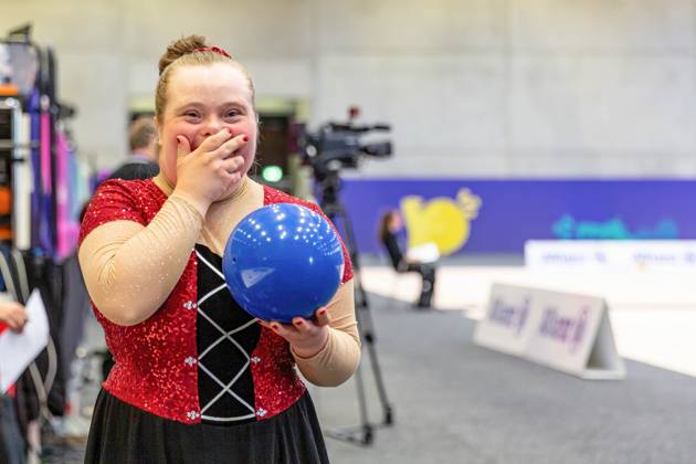 June 18, 2023, Berlin, Germany: An athlete cheers as she competes in Rhythmic gymnastics, Rhythmische Sportgymnastik, RSG discipline during the Special Olympics Summer World Games Berlin 2023 in Messe conference centre. The 2023 Berlin Games will host 7000 athletes with learning disabilities from 190 countries. Special Olympics is an international charity which aims to include individuals with learning disabilities into the realm of olympic sports. Berlin 2023 is the biggest sporting as well as charitable event of 2023. Berlin Germany - ZUMAs197 20230618_zaa_s197_126 Copyright: xDominikaxZarzyckax