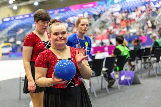 June 18, 2023, Berlin, Germany: Athlete competes in Rhythmic gymnastics, Rhythmische Sportgymnastik, RSG discipline during the Special Olympics Summer World Games Berlin 2023 in Messe conference centre. The 2023 Berlin Games will host 7000 athletes with learning disabilities from 190 countries. Special Olympics is an international charity which aims to include individuals with learning disabilities into the realm of olympic sports. Berlin 2023 is the biggest sporting as well as charitable event of 2023. Berlin Germany - ZUMAs197 20230618_zaa_s197_127 Copyright: xDominikaxZarzyckax